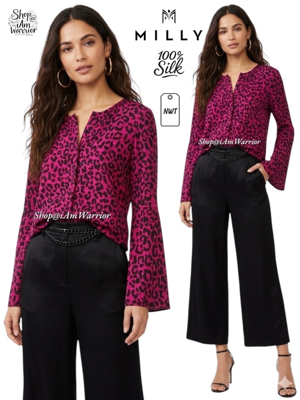 Milly NWT Italian silk magenta & black leopard blouse *shop@iamwarrior